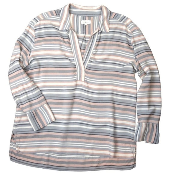 LOU & GREY Soft Hi Low Split V-Neck Striped Popover Tunic, Medium - Picture 1 of 10